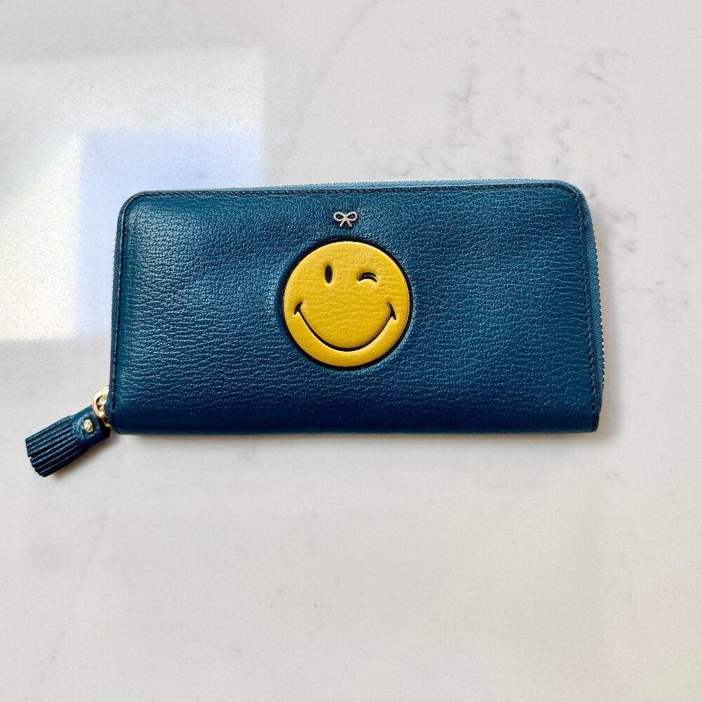 ANYA HINDMARCH BLUE SMILEY WALLET